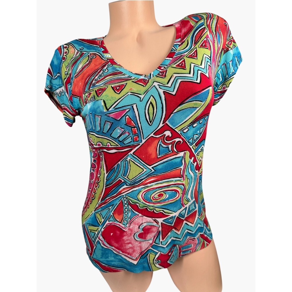 Chicos Travelers Small Top Womens Colorful Stretch Short Sleeve Artsy Y2K